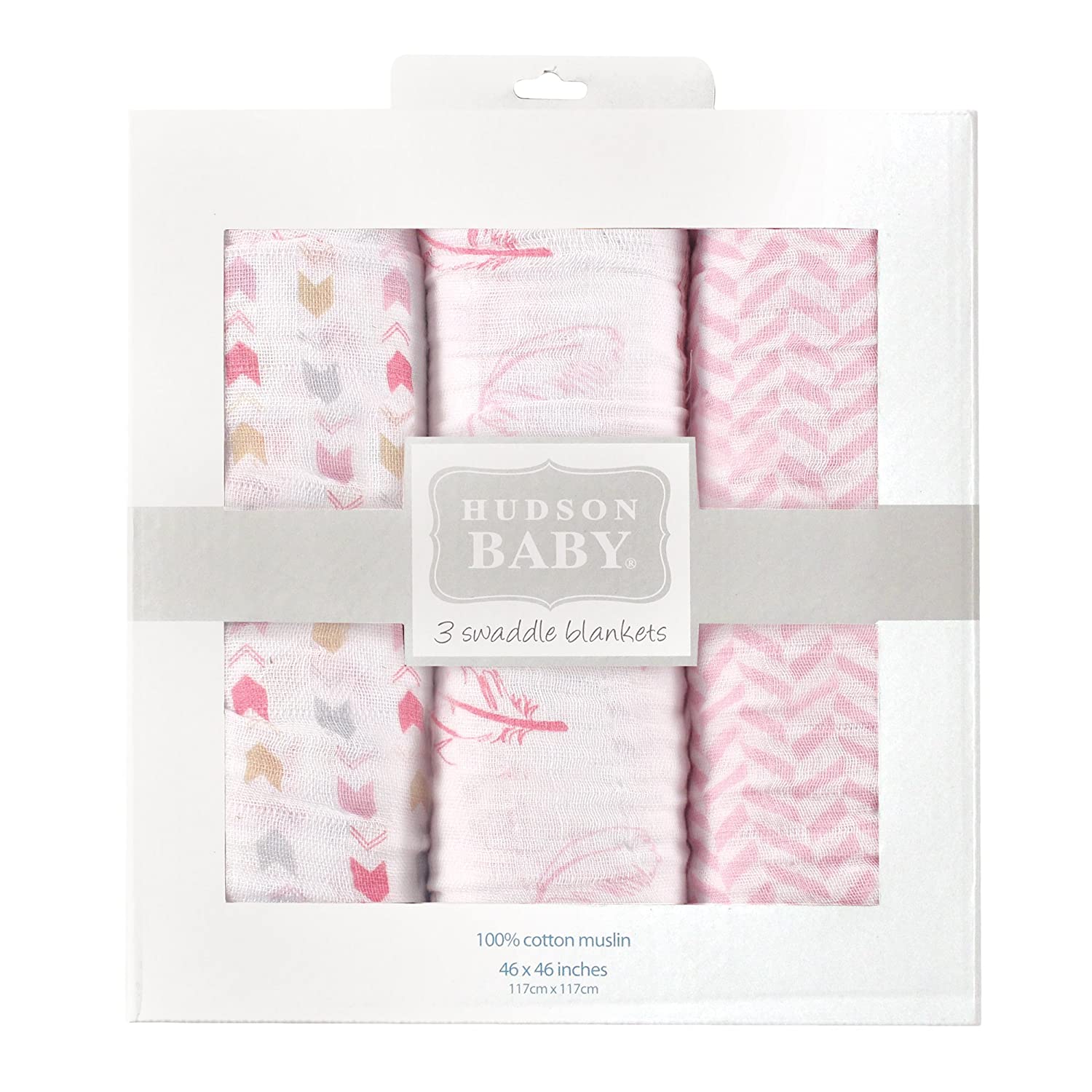 Hudson Baby Unisex Baby Cotton Muslin Swaddle Blankets, Pink Feather 3-Pack, One Size